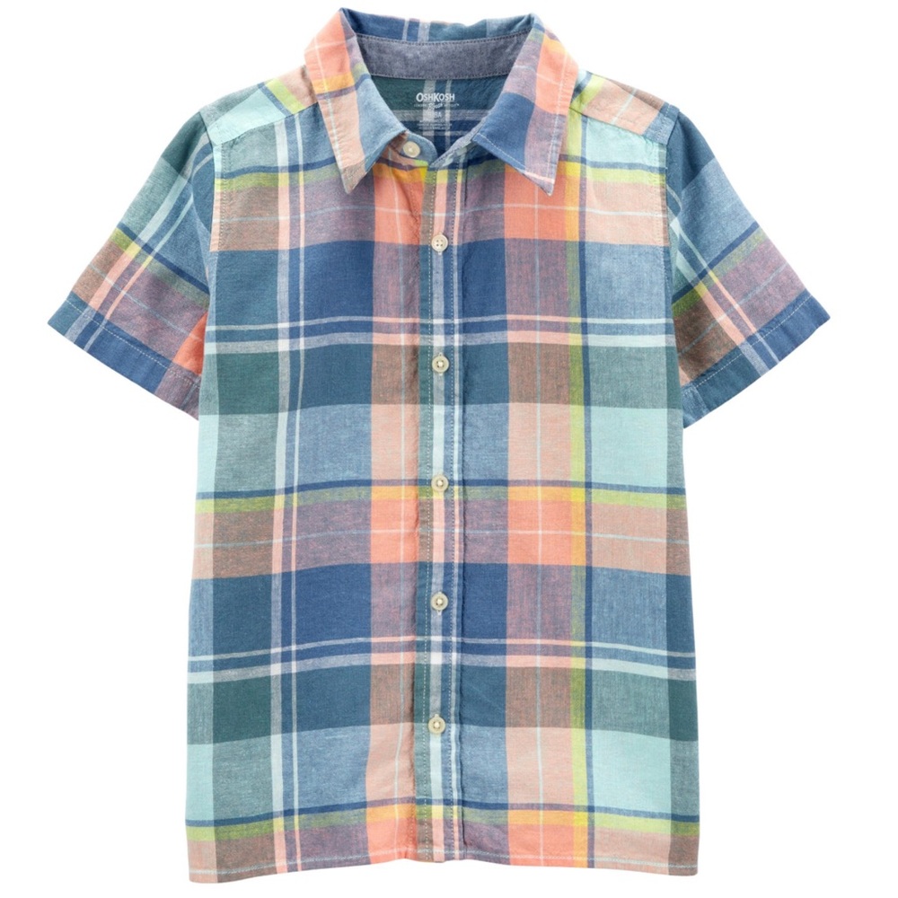 OshKosh Boys Short Sleeve Plaid Button Down Linen Shirt
